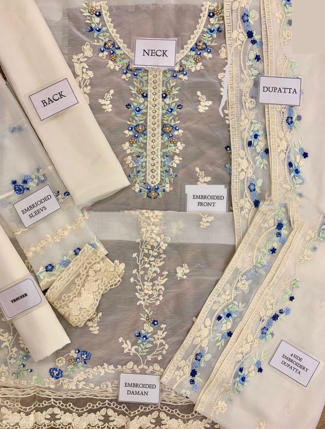 3 PCS Organza Embroidered Suit Ivory Blossom - Unstitched