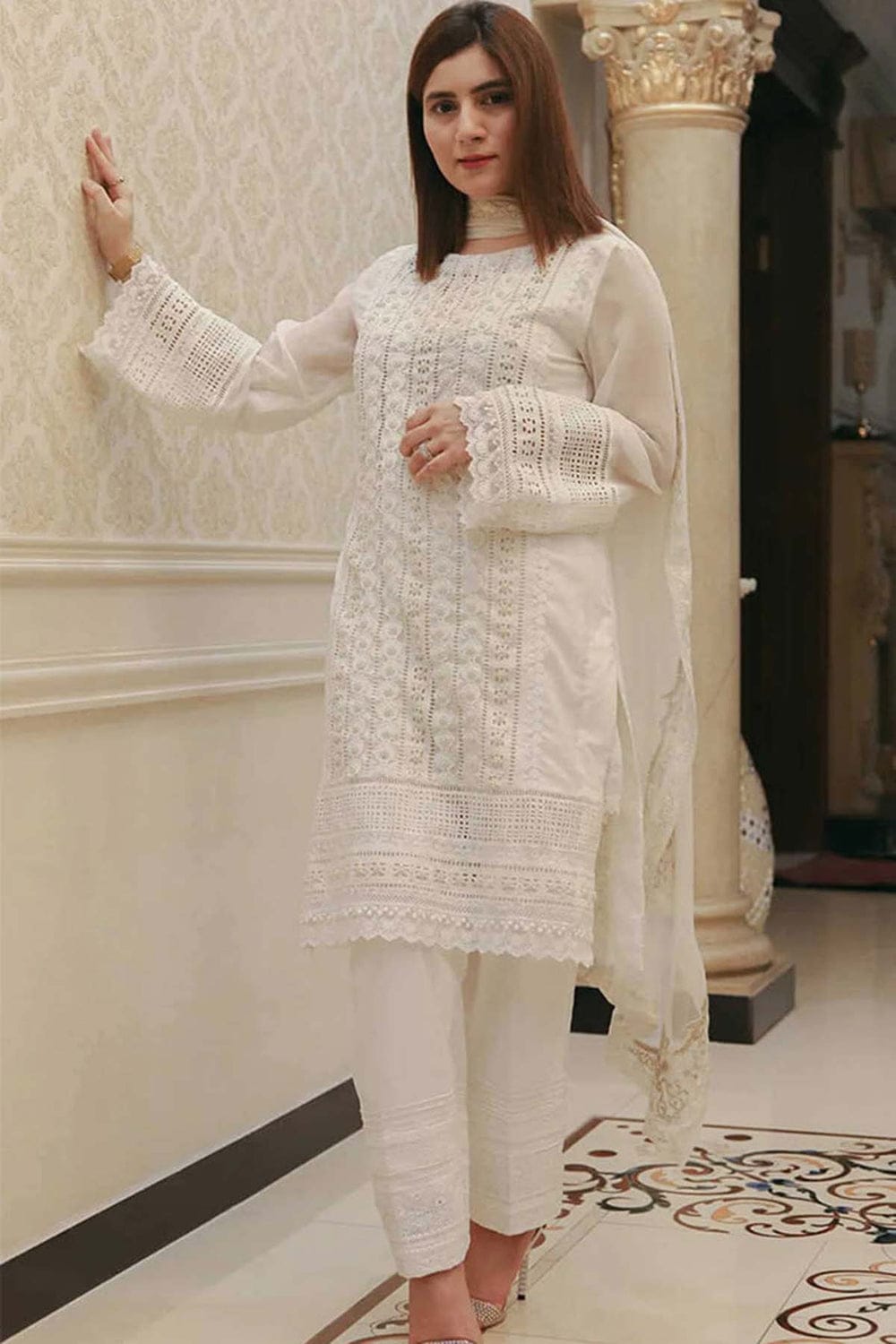 3PCS Embroidered Chikankari Lawn White Suit - Unstitched