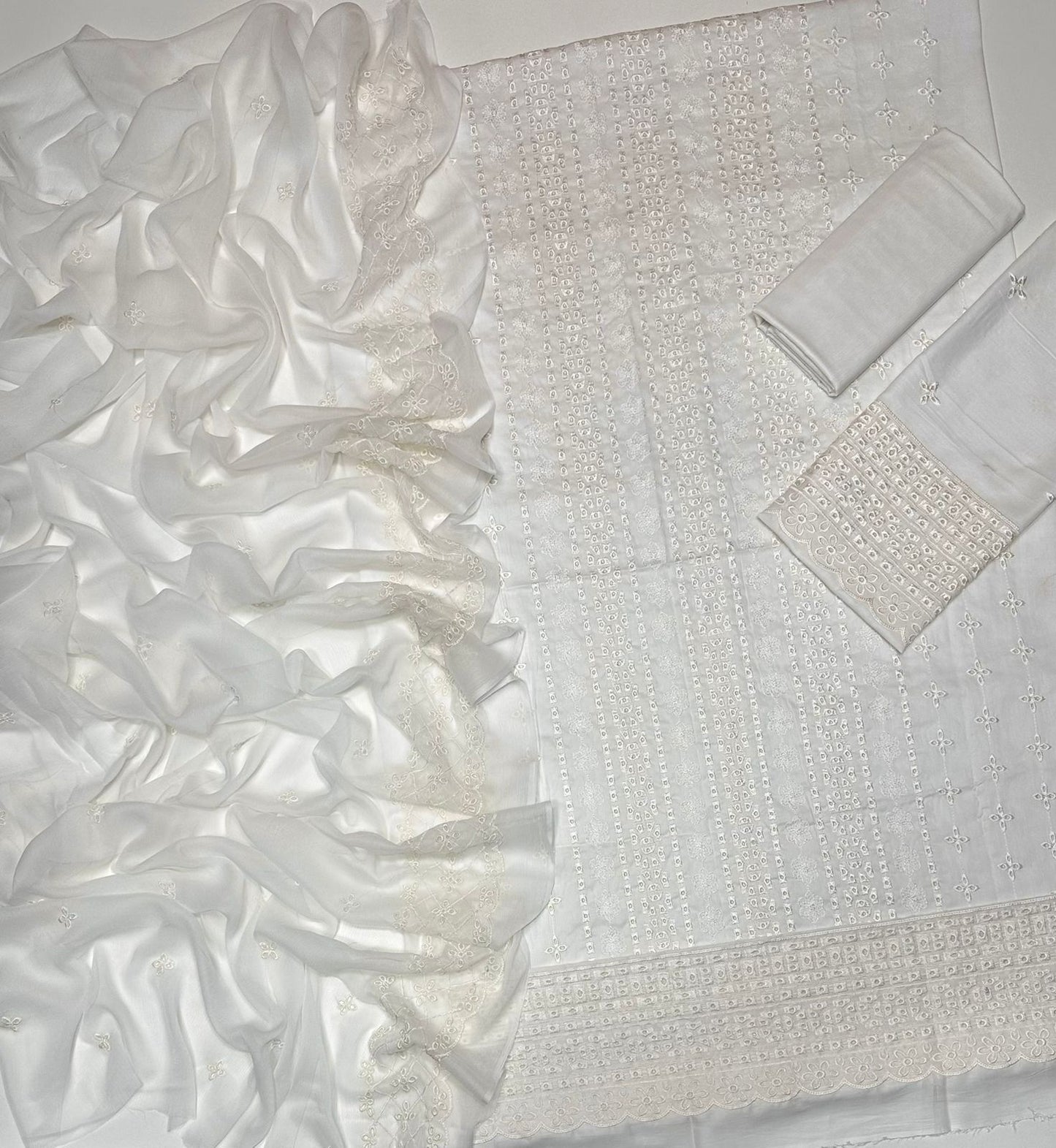3PCS Embroidered Chikankari Lawn White Suit - Unstitched