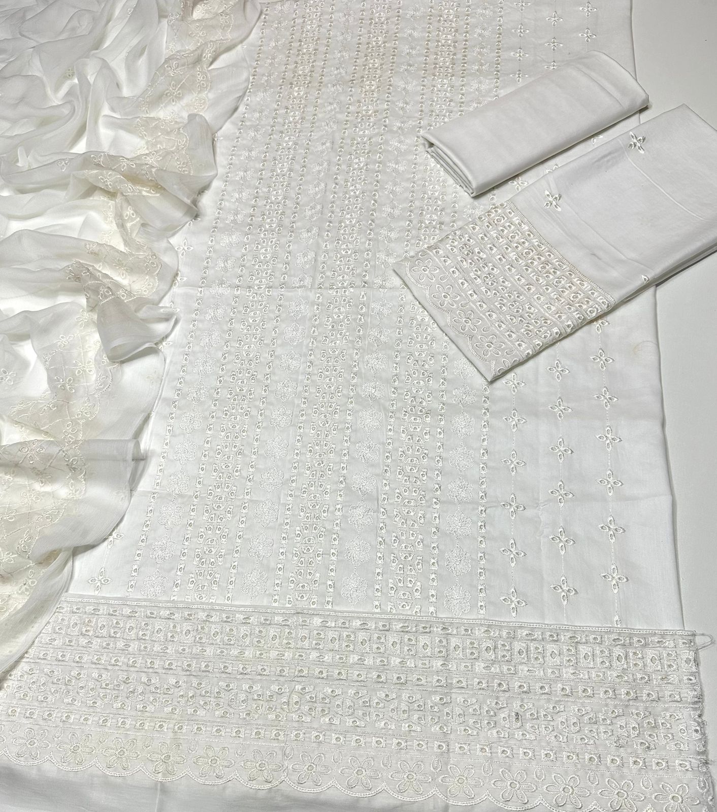 3PCS Embroidered Chikankari Lawn White Suit - Unstitched