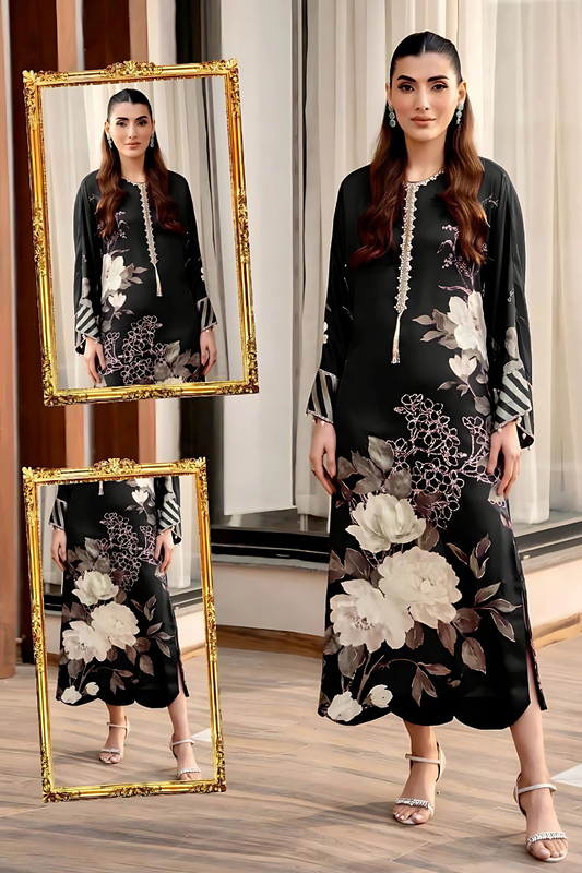 3 PCS Silk Printed Suit with Neckline Detailing - Unstitched