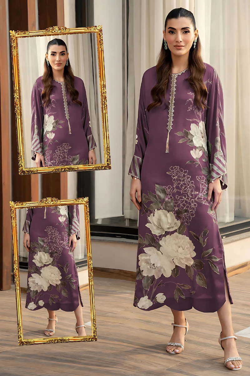 3 PCS Silk Printed Suit with Neckline Detailing - Unstitched