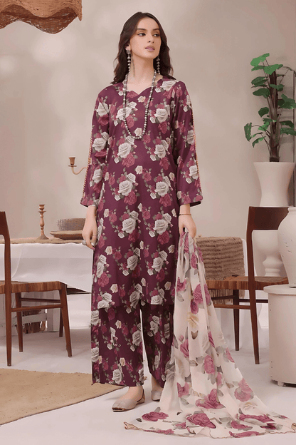 3 PCS Karandi Suit Burgundy Blossoms - Unstitched