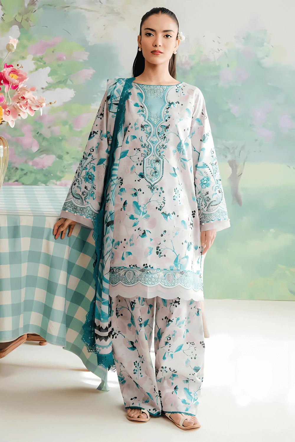 3 PCS Karandi Suit Sky Floral - Unstitched