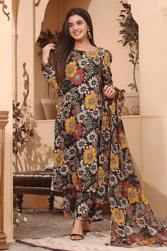 3 PCS Karandi Suit Midnight Blooms - Unstitched