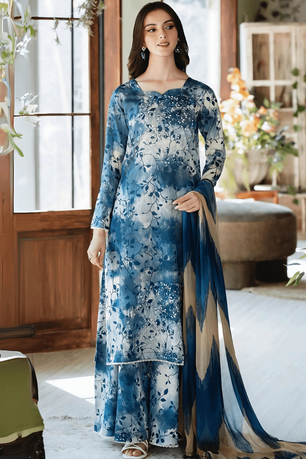 3 PCS Karandi Suit Indigo Brushstrokes - Unstitched