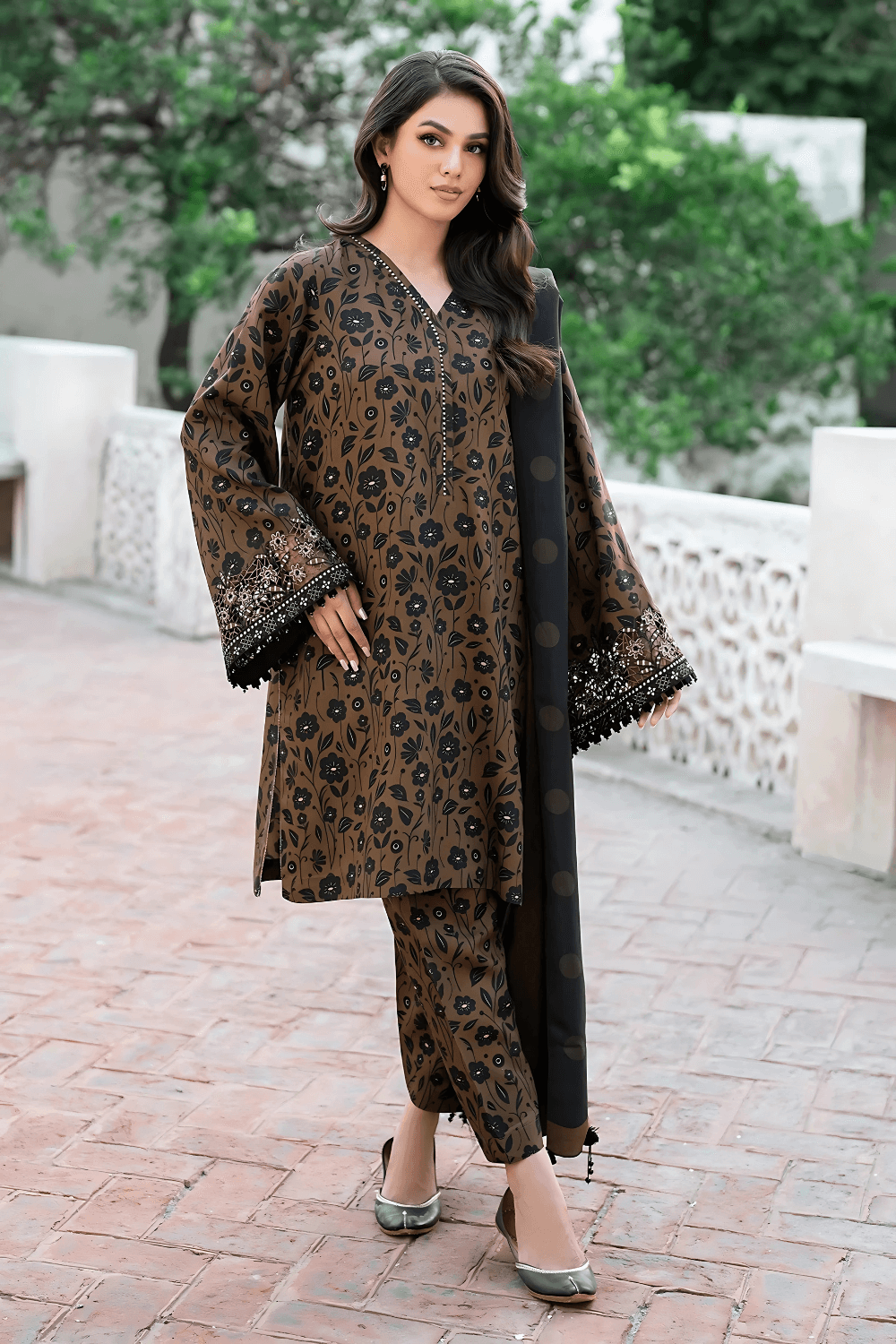 3 PCS Karandi Suit Midnight Blooms - Unstitched