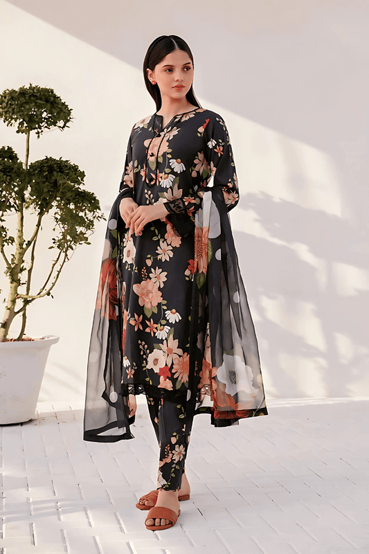 3 PCS Karandi Suit Noir Blossom - Unstitched