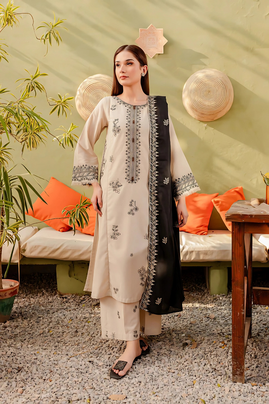 3 PCS Dhanak Embroidered Suit with Patches - Unstitched