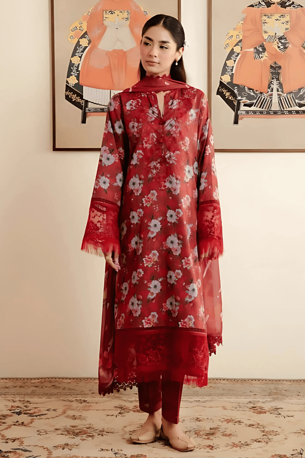 3 PCS Khaddar Suit Crimson Elegance - Unstitched