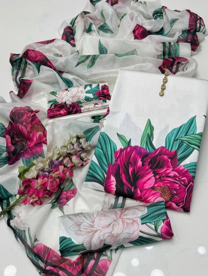 3 PCS Digital Printed Silk Floral Bloom - Unstitched