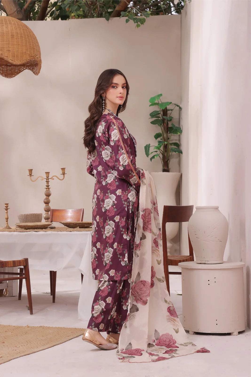 3 PCS Karandi Suit Burgundy Blossoms - Unstitched