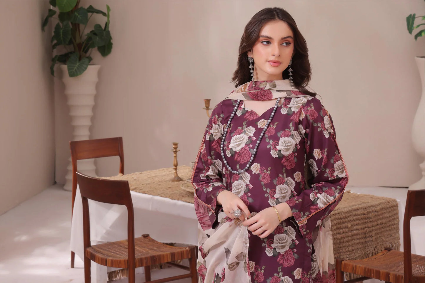 3 PCS Karandi Suit Burgundy Blossoms - Unstitched