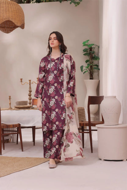 3 PCS Karandi Suit Burgundy Blossoms - Unstitched