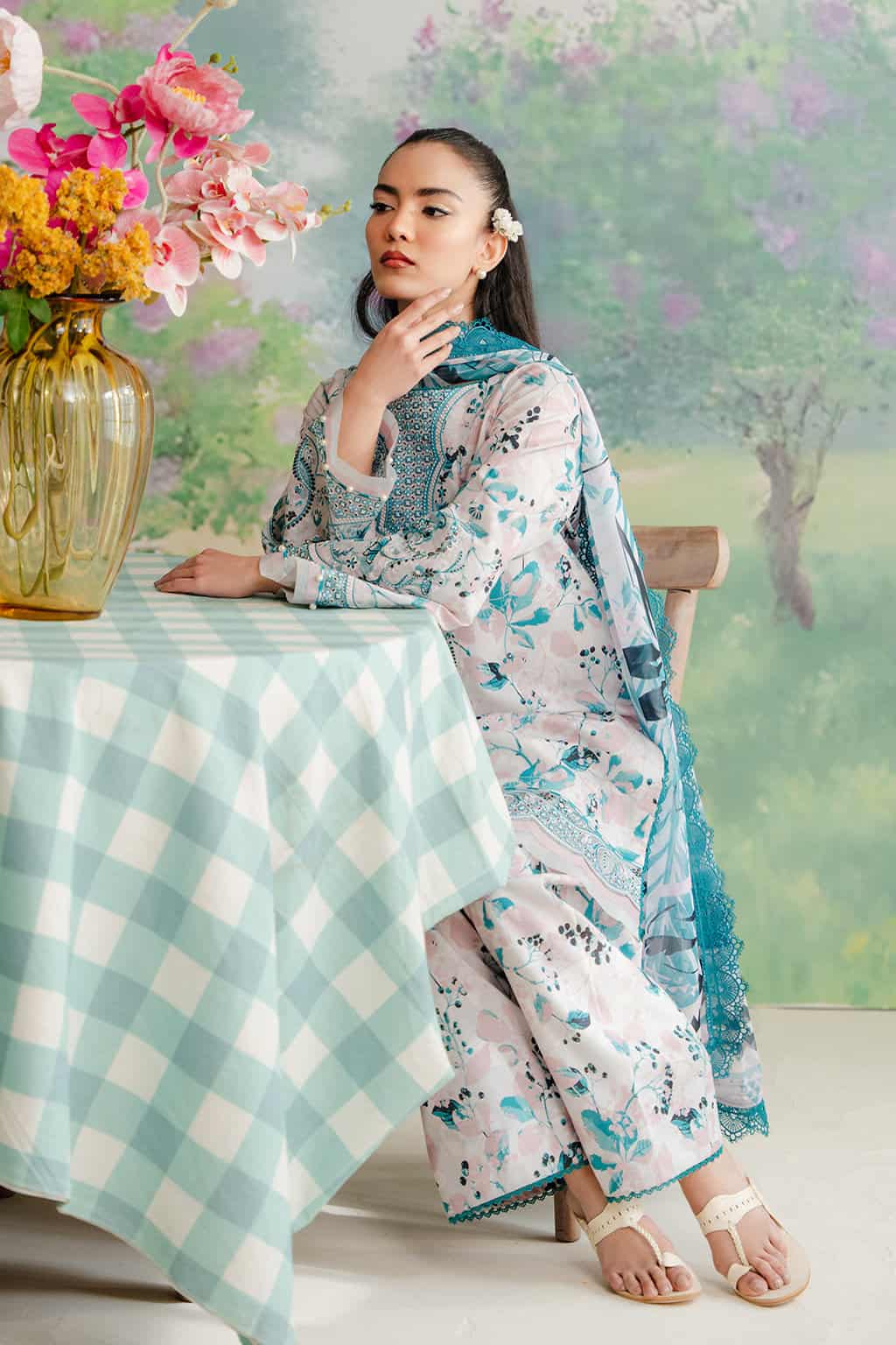 3 PCS Karandi Suit Sky Floral - Unstitched