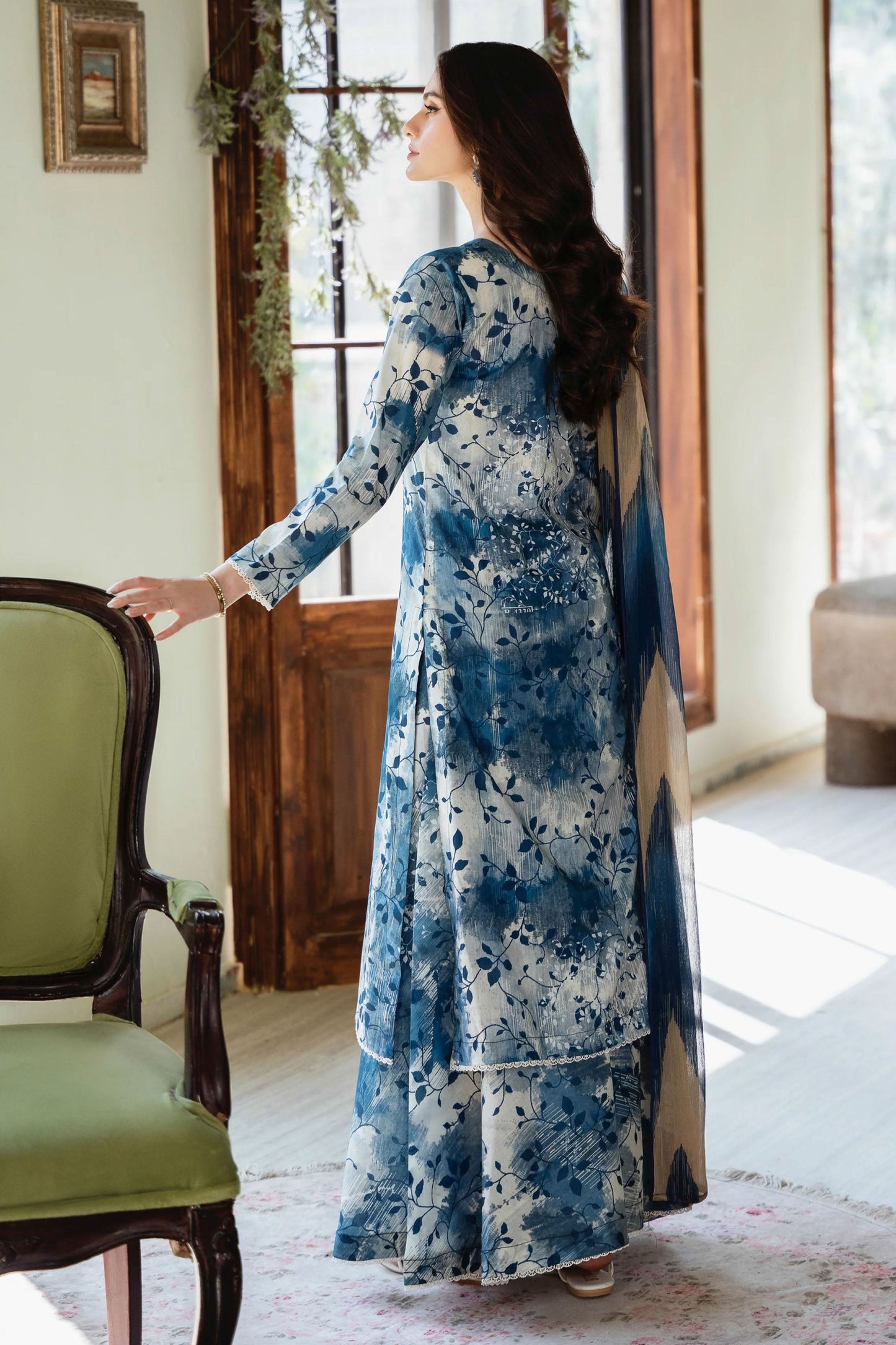 3 PCS Karandi Suit Indigo Brushstrokes - Unstitched