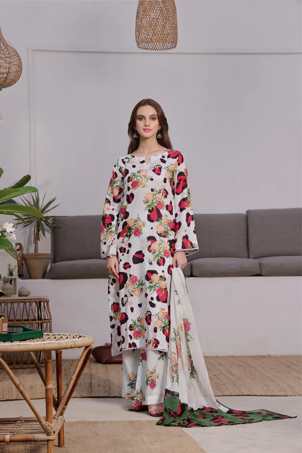 3 PCS Karandi Suit Blooming Leopard - Unstitched