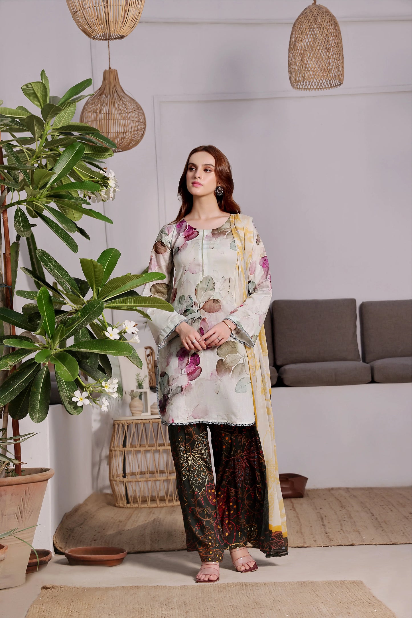 3 PCS Karandi Suit Golden Bloom - Unstitched