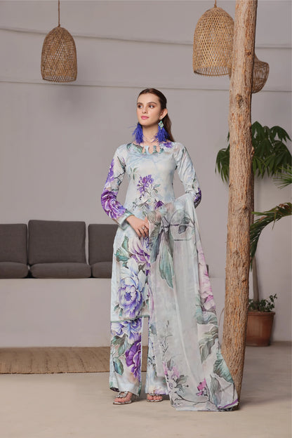 3 PCS Karandi Suit Lavender Bloom - Unstitched