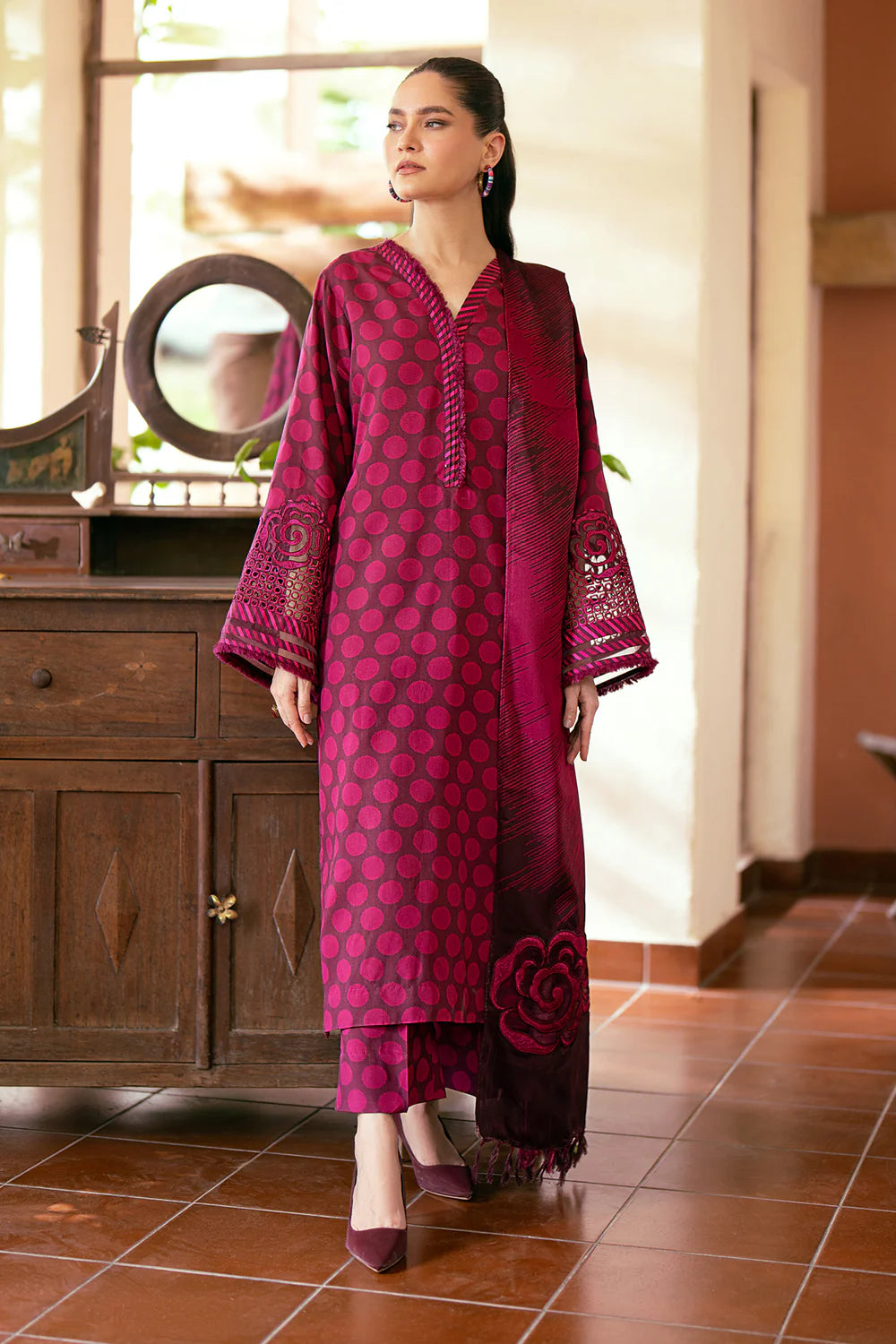 3 PCS Karandi Suit Polka Elegance - Unstitched