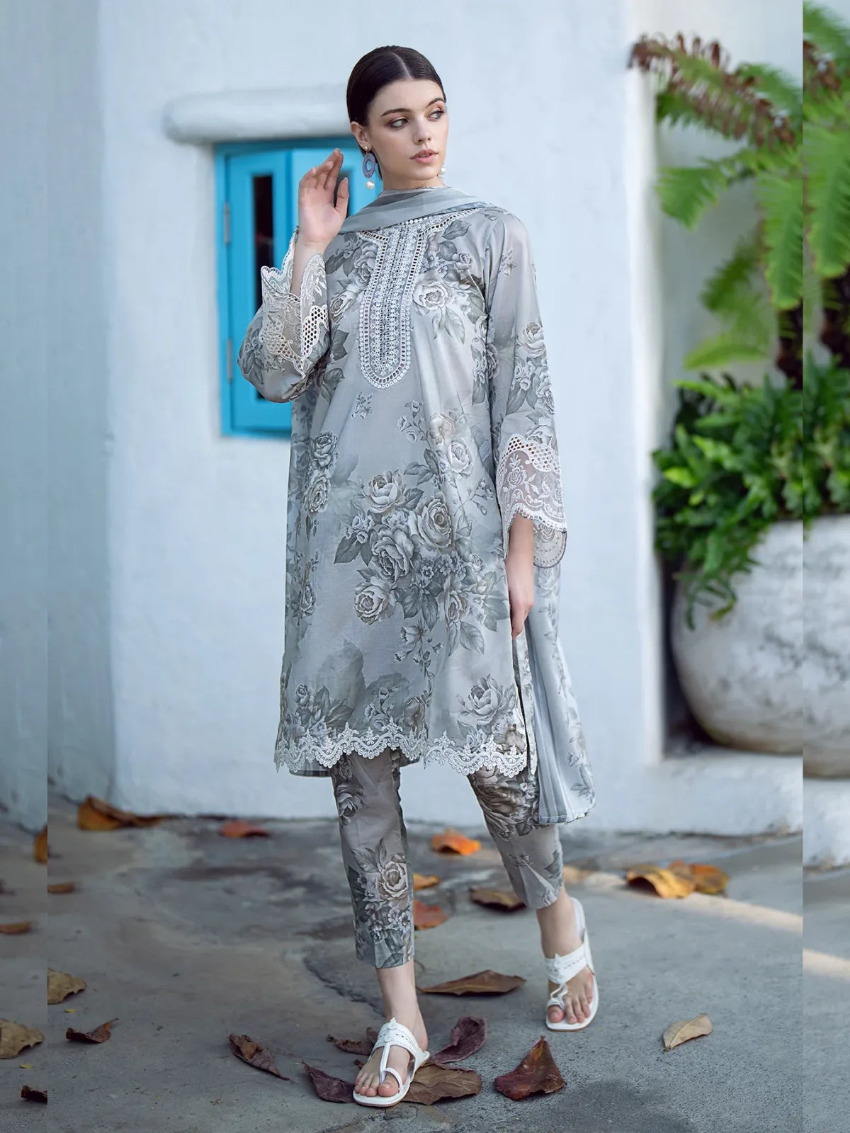 3 PCS Digital Printed Khaddar Grey Bloom - Unstitched