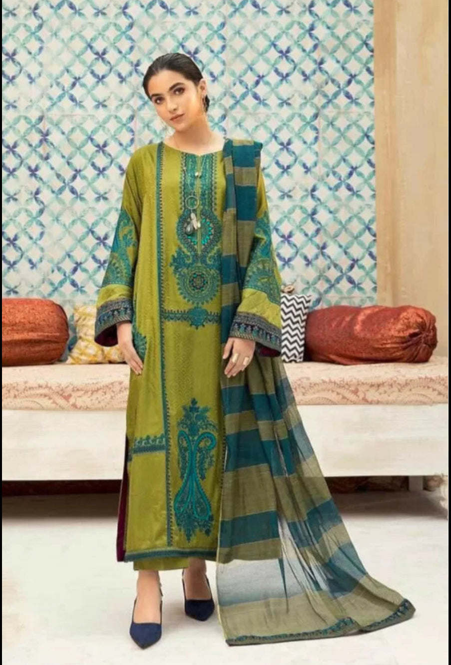 3 PCS Dhanak Embroidered Suit with Patches - Unstitched