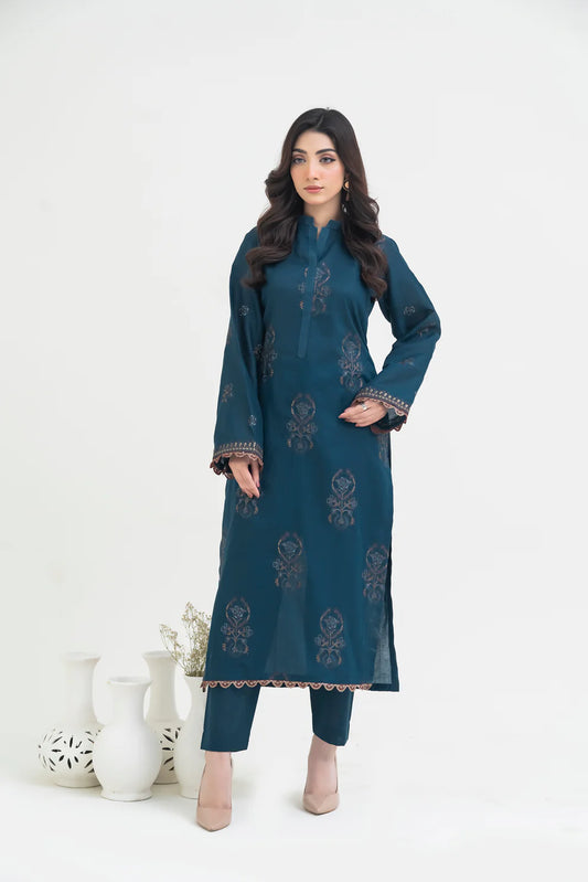 2PCS Premium Jacquard Suit Peacock Teal – Unstitched