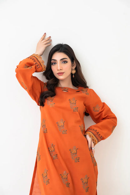2PCS Premium Jacquard Suit Marigold Rust – Unstitched